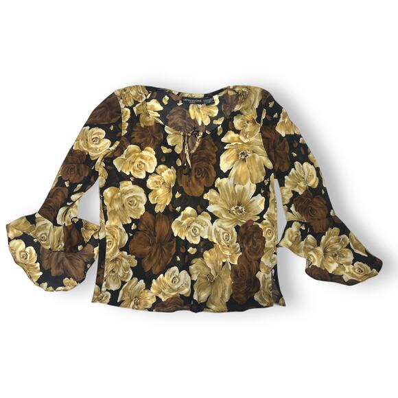 Impression Lifestyle Brown Floral Bell Sleeve Blouse Size Medium - Picture 1 of 8